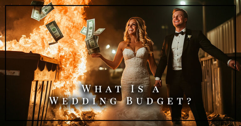 A bride & groom throw stacks of cash into a burning dumpster fire as they plan their wedding.